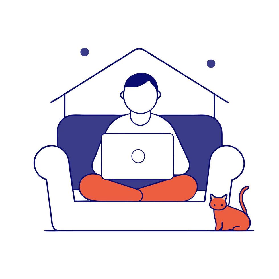 Man sitting on couch with laptop and cat vector