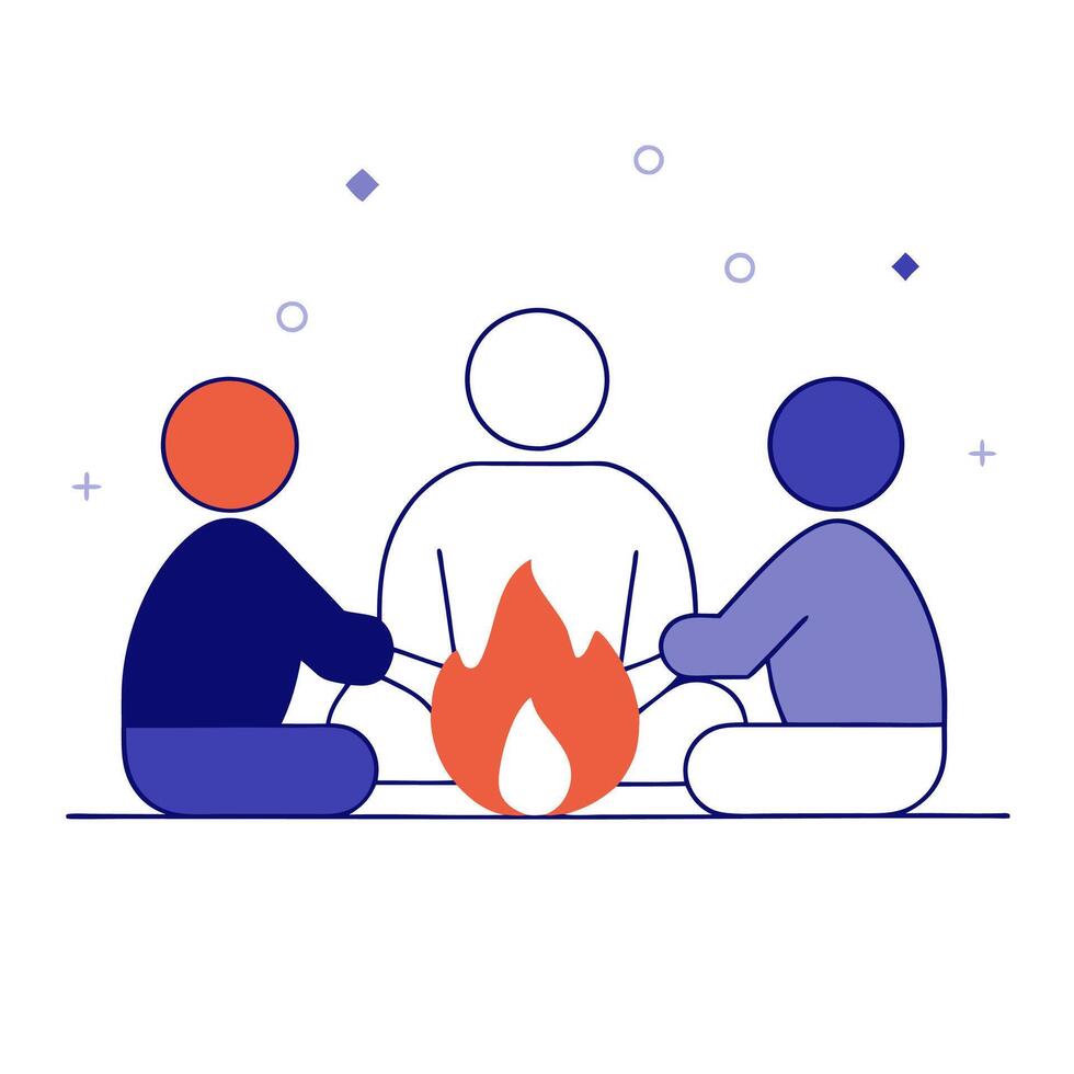 People sitting around a campfire, with one person holding a cup of tea vector
