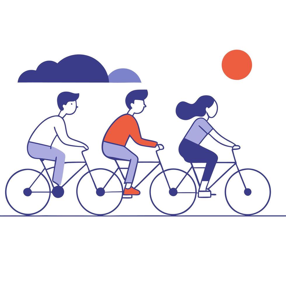 Three people riding bicycles in a line vector