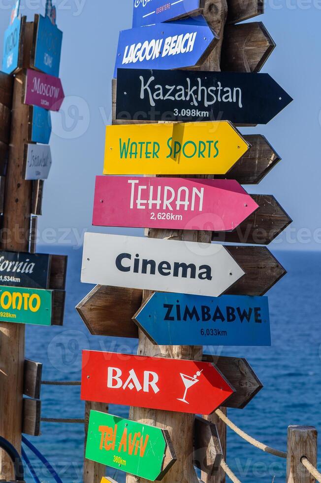 Colorful directional signs point to various global destinations at a beachside location under clear blue skies photo