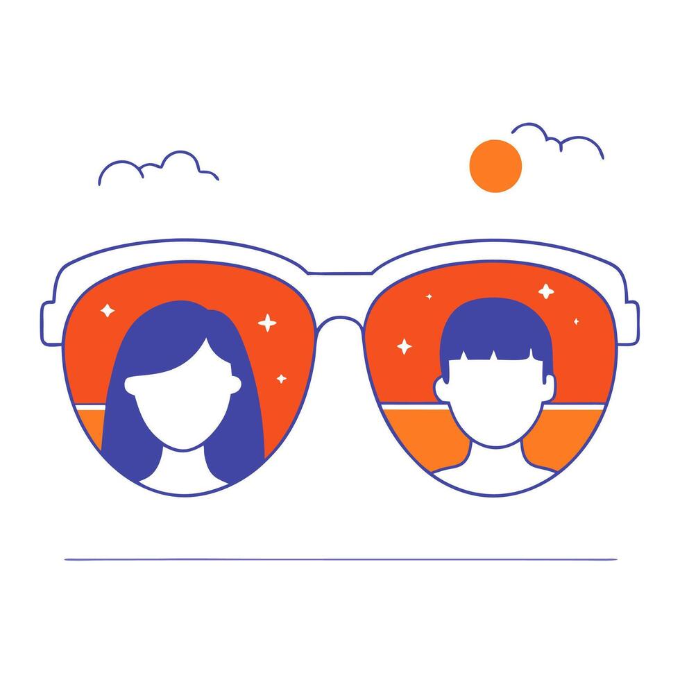 Two people wearing sunglasses with the sun in the background vector