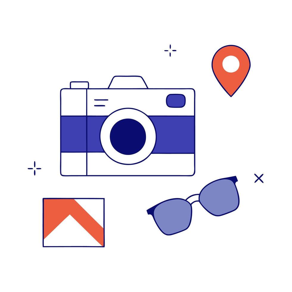 A camera, sunglasses, map and other items vector