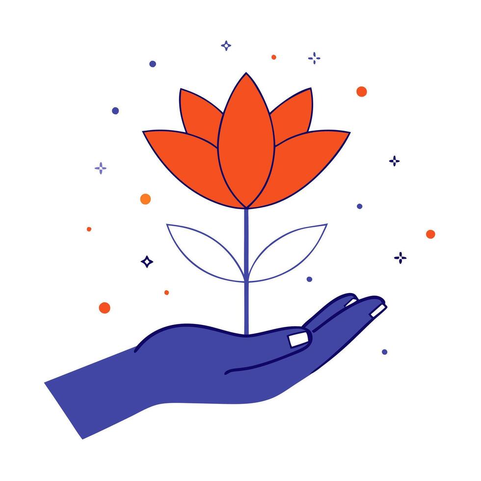 A hand holding a flower with a blue and orange flower vector