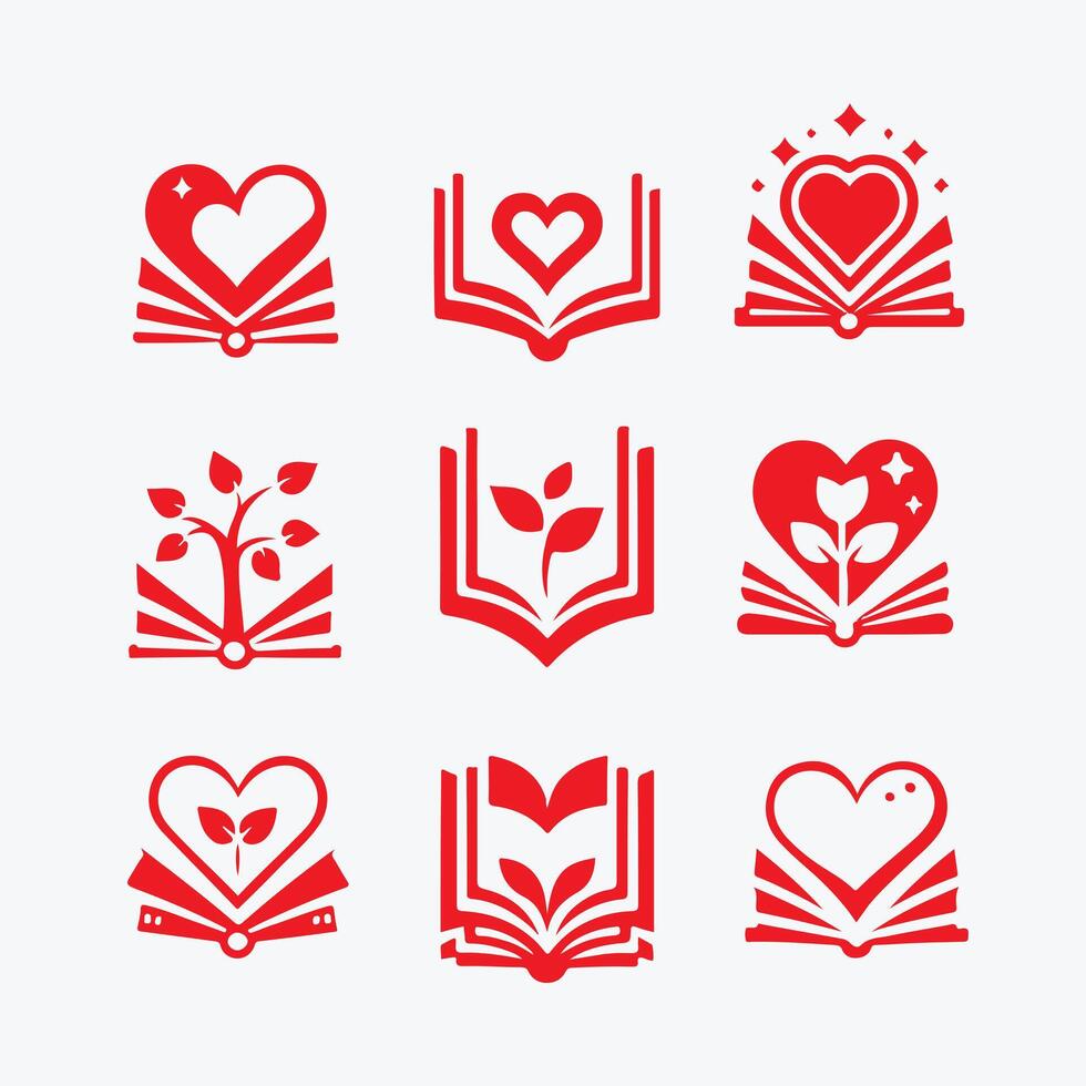 Red book icons set with heart, tree and leaves vector