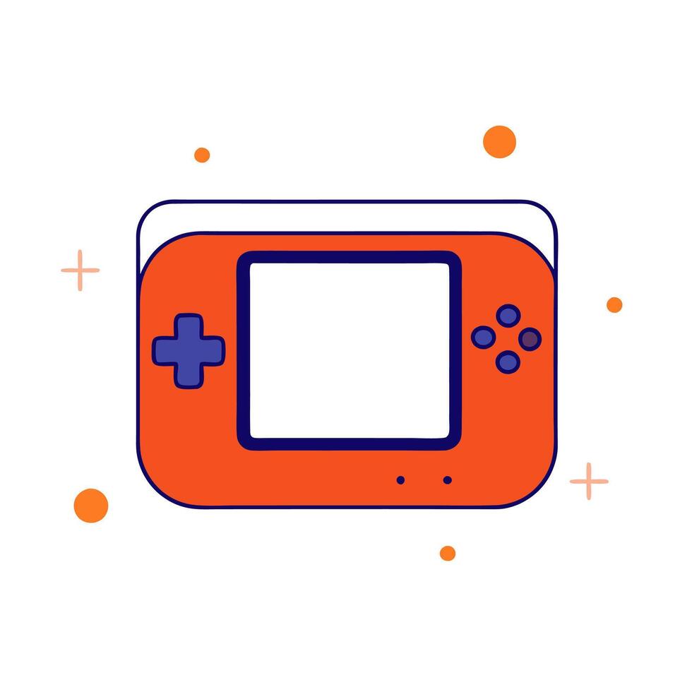 An orange and blue game console with a screen vector
