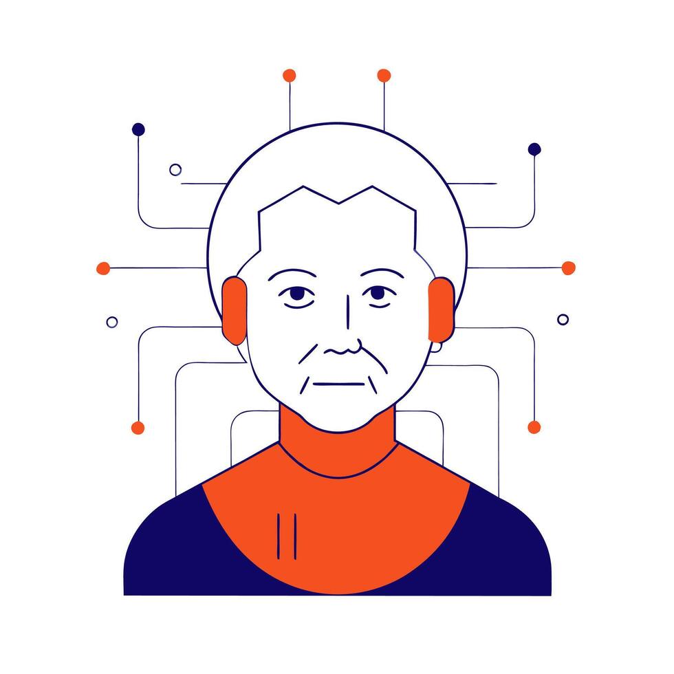 An illustration of a woman with a headband and a computer vector