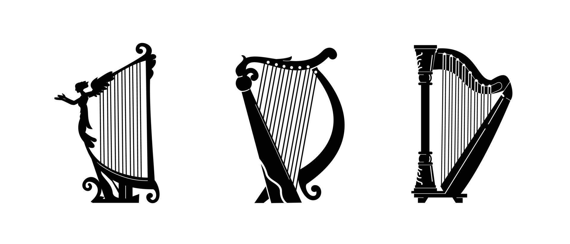 Set Stringed musical instrument classic, logo illustration harp silhouette suitable for music stores and communities vector