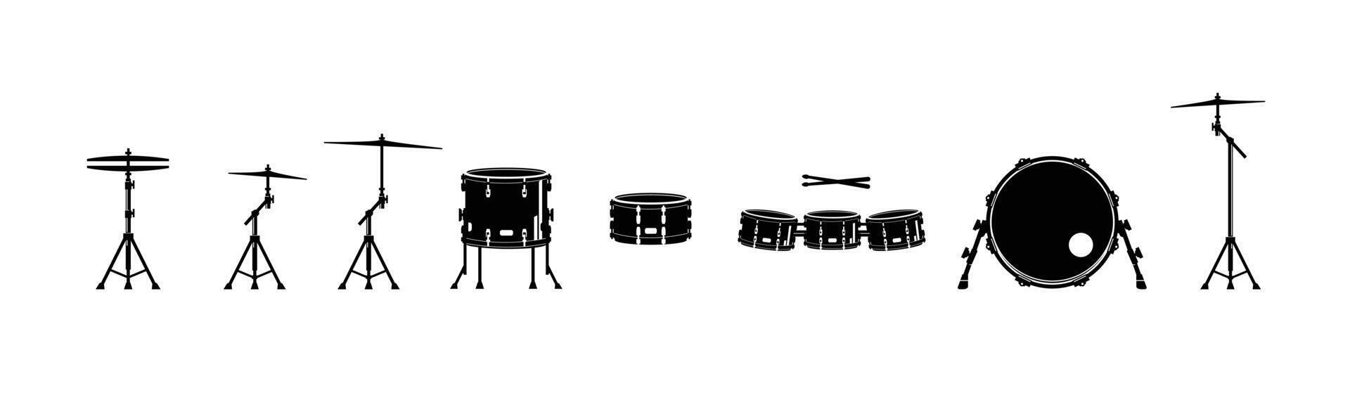 drum musical instrument logo illustration, drum set silhouette from kick to cmybals, suitable for music stores and communities vector