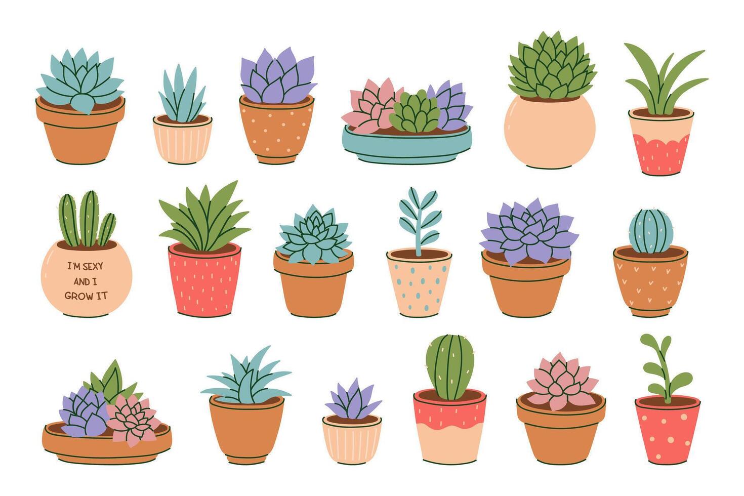 Set of simple style succulents in pots. graphics vector