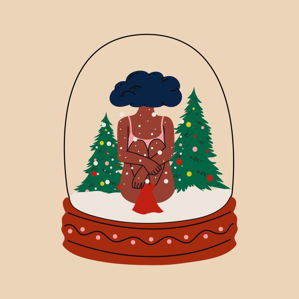 a woman in a snow globe with christmas trees vector