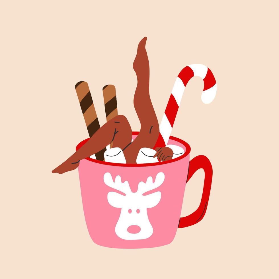 a cup of hot chocolate with candy canes and a reindeer vector