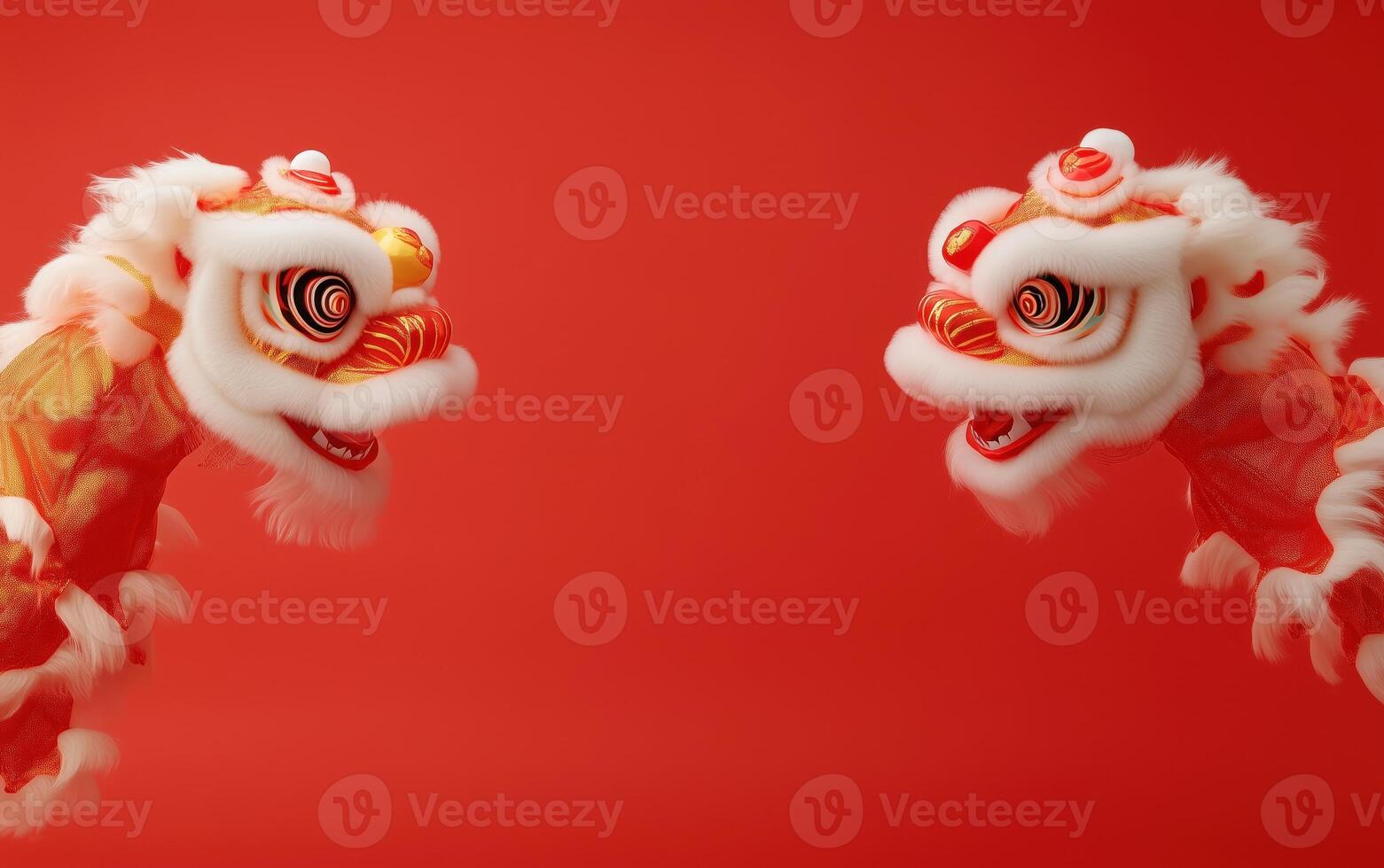 Two vibrant lion dance heads on a red background, symbolizing celebration and tradition. photo