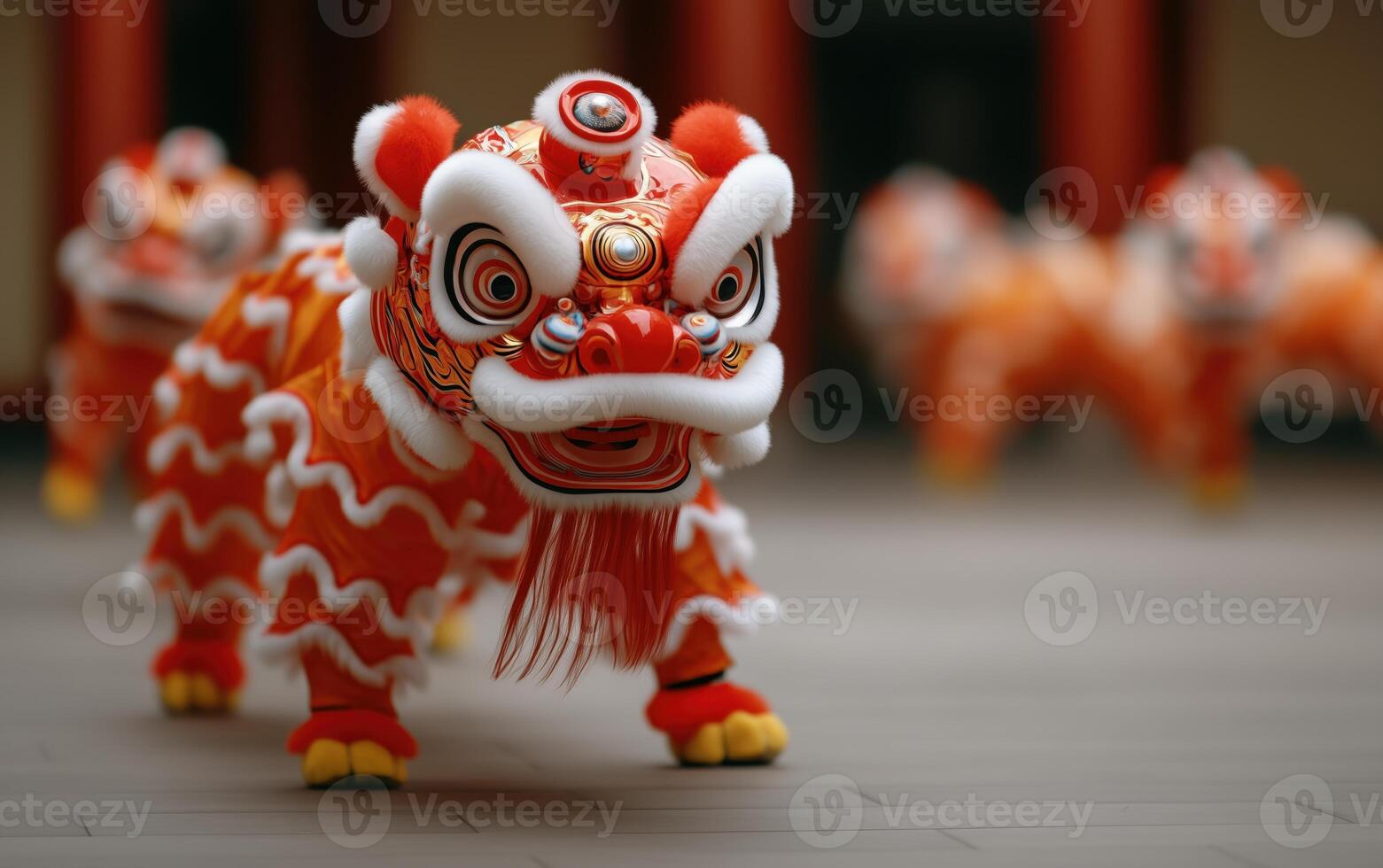 Colorful lion dance costume with intricate designs, symbolizing celebration and festivity. photo