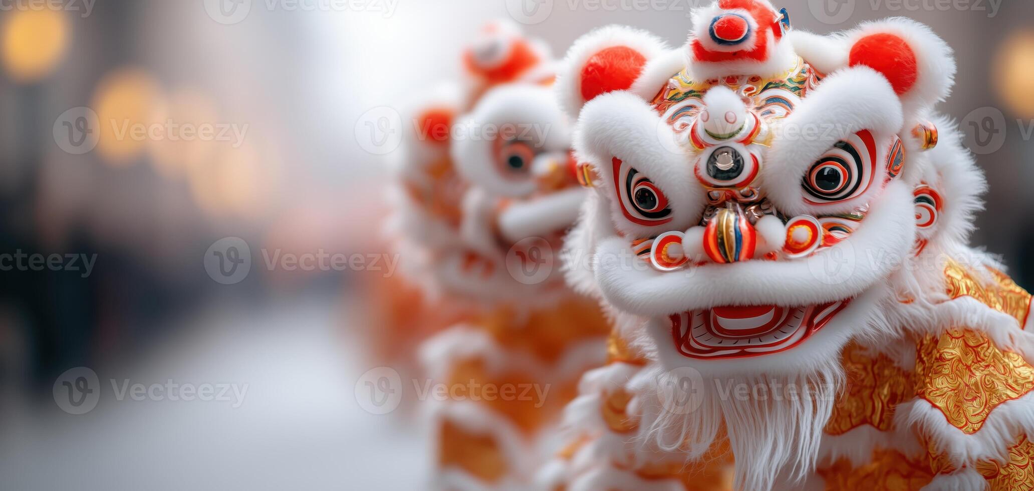 Vibrant lion dance costumes in a festive parade, showcasing intricate designs and cultural significance. photo