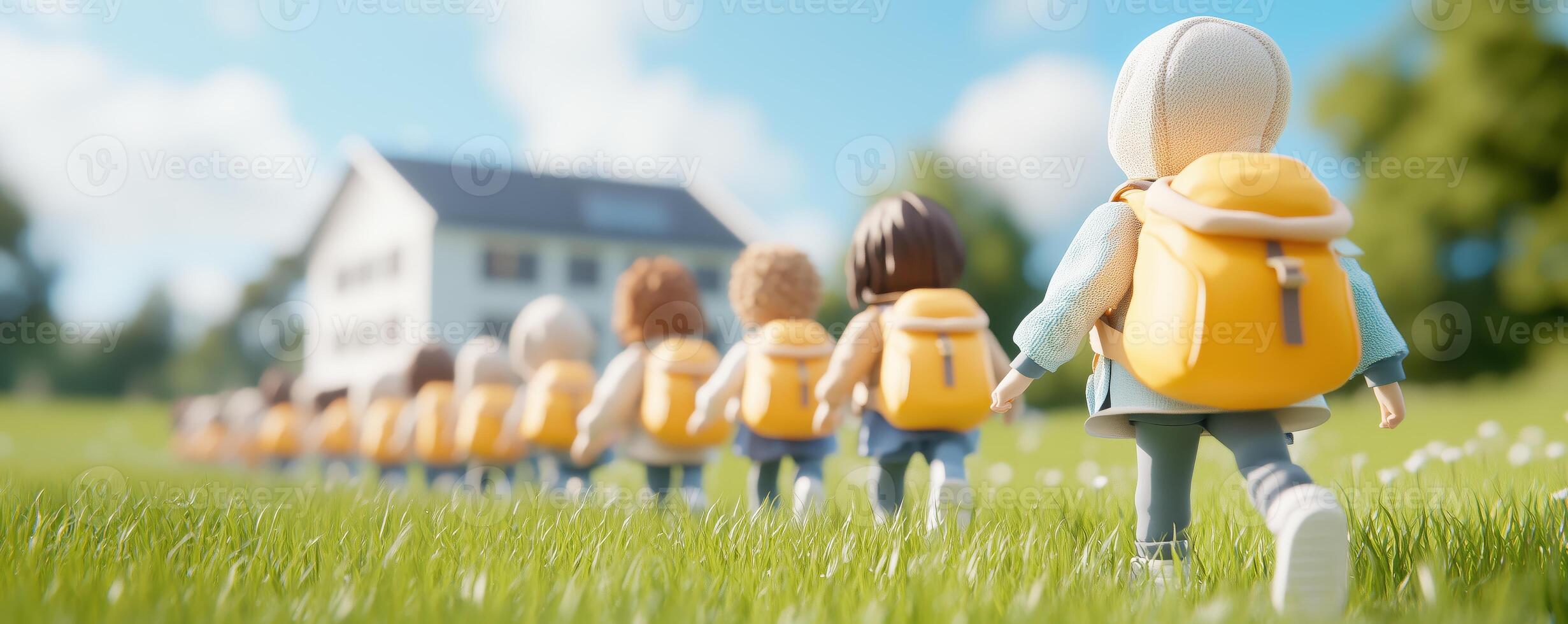 Children walking towards a house, carrying backpacks, enjoying a sunny day in a green field. photo
