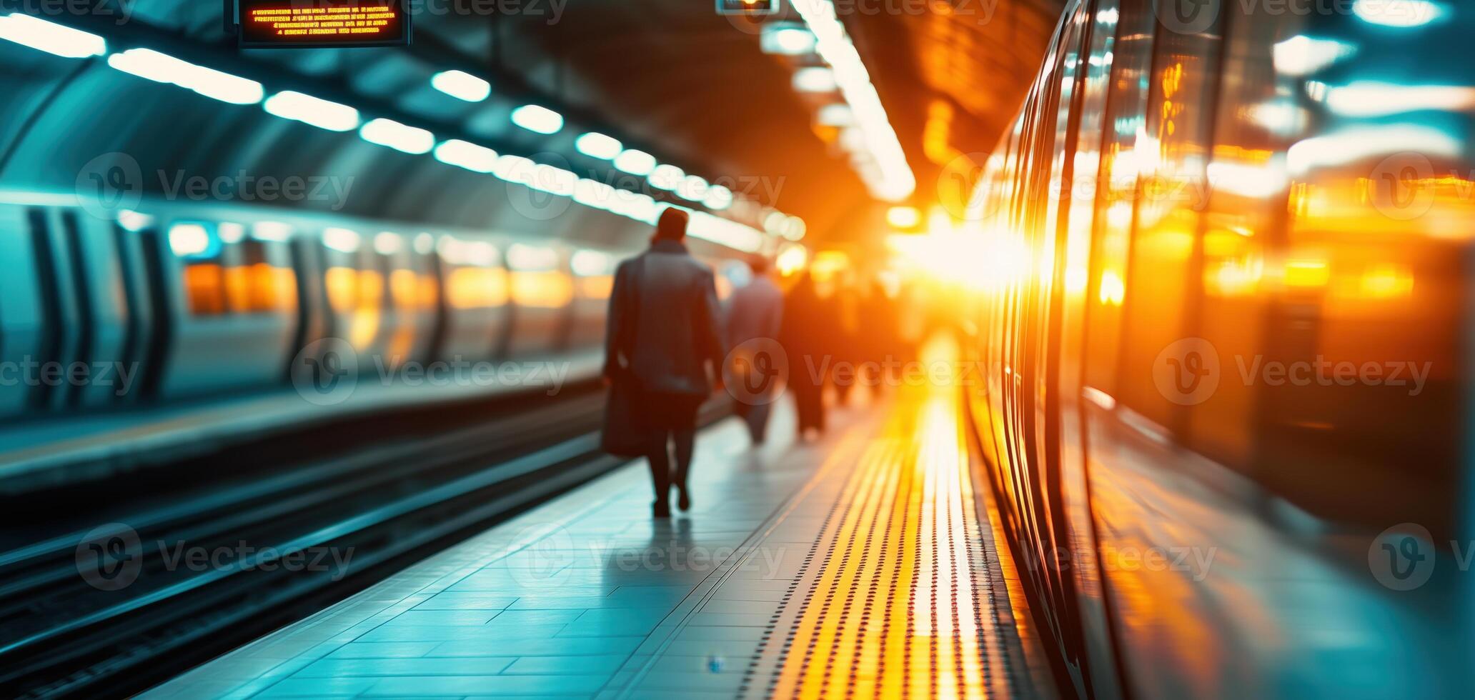 A busy subway platform during sunset, with commuters waiting for their train. photo