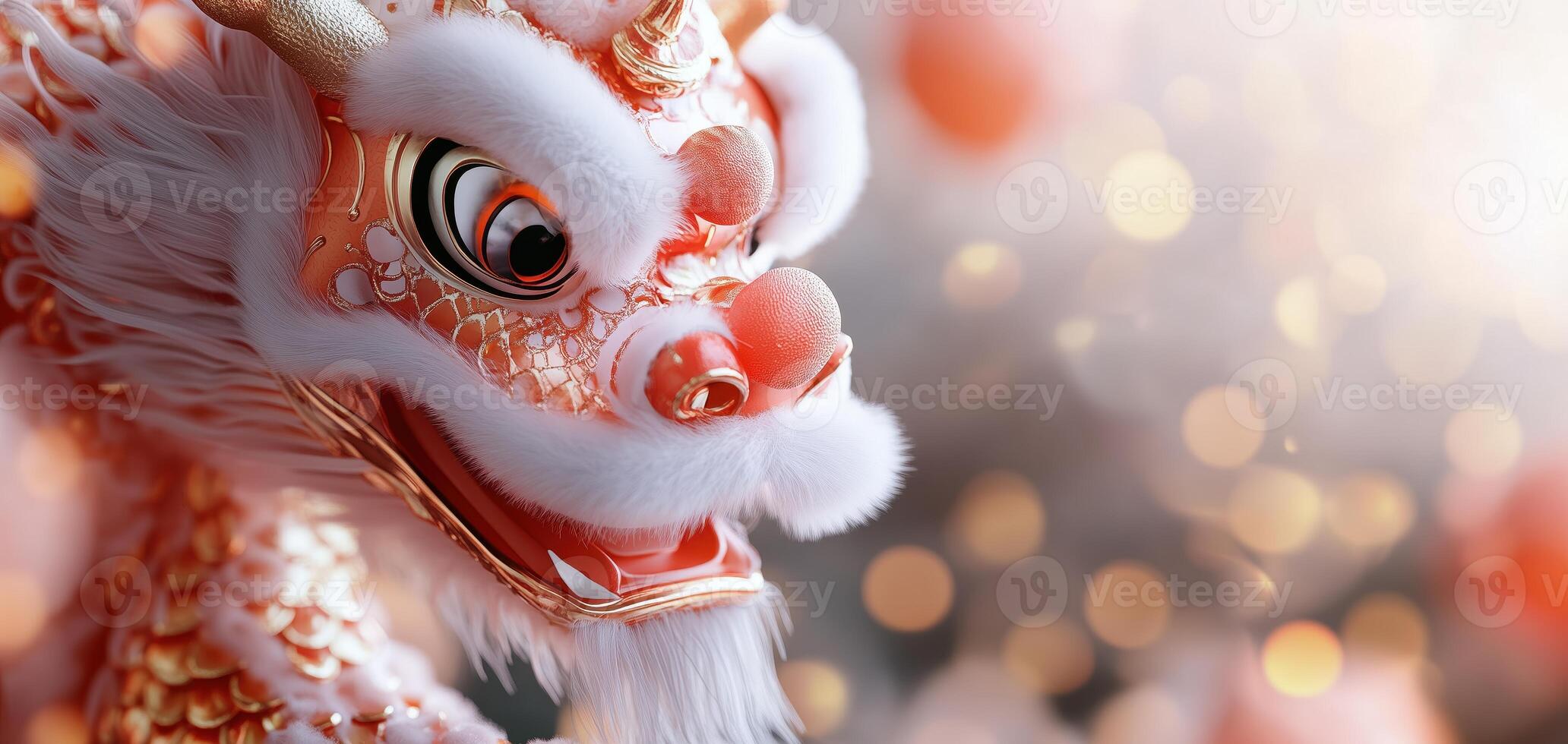 A vibrant and intricate dragon dance representation, showcasing traditional artistry with bokeh background. photo