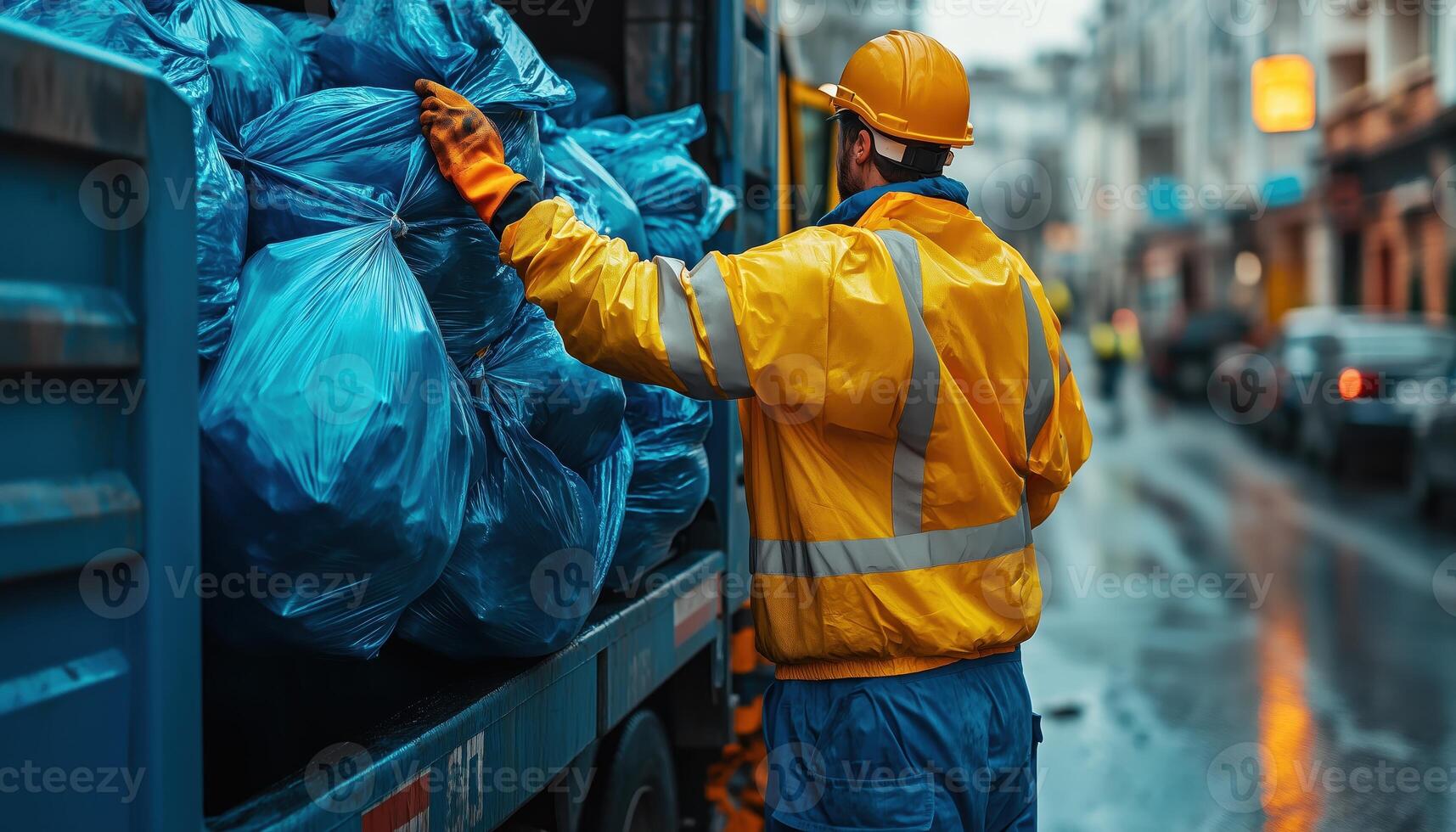 Waste collector tossing trash bags into a garbage truck. photo