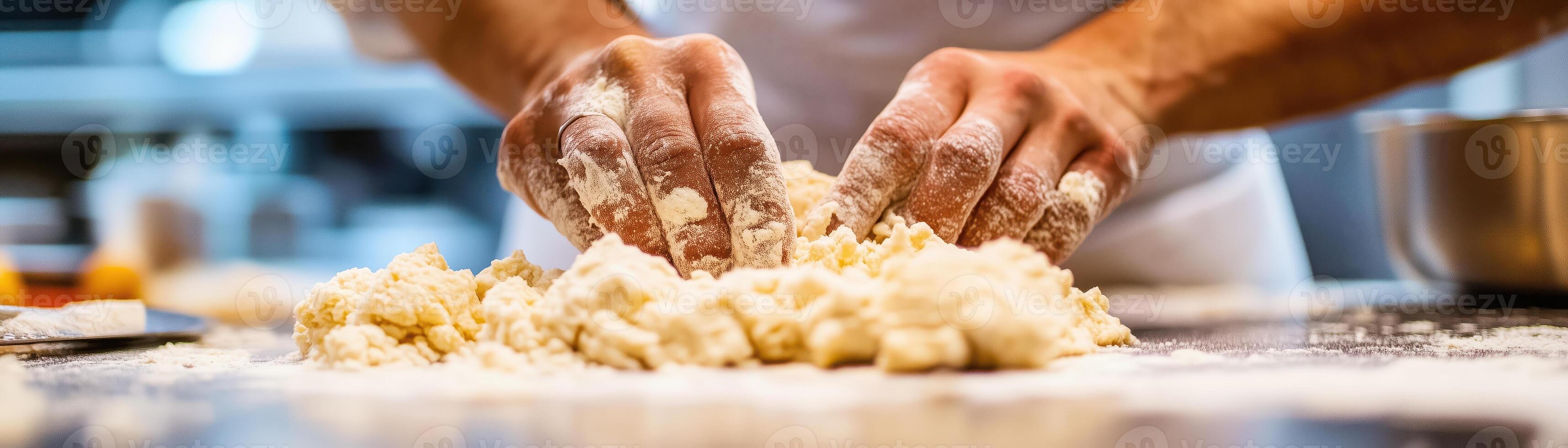 Hands kneading dough on a floured surface, showcasing the process of making fresh pasta. photo