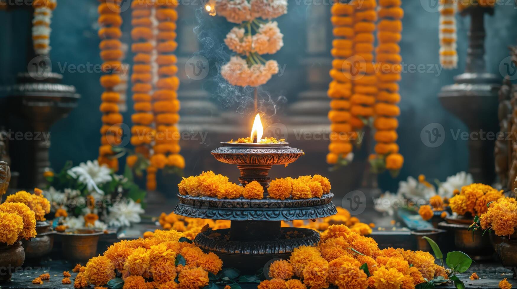 A beautifully arranged altar adorned with vibrant marigold flowers and a glowing flame, symbolizing devotion and celebration in a spiritual setting. photo