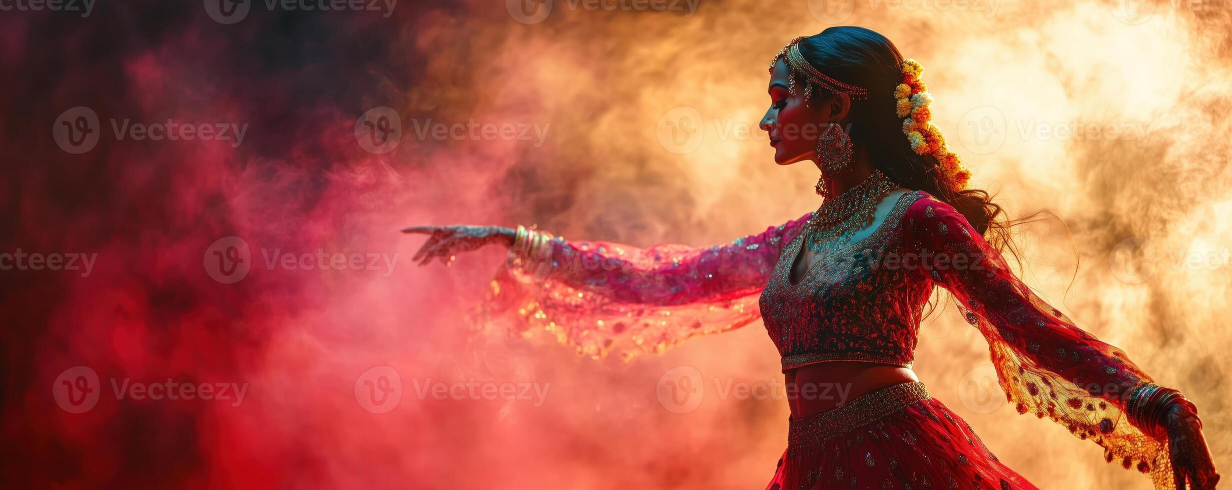 A graceful dancer performing in vibrant attire amidst colorful smoke, showcasing the beauty and artistry of traditional dance. photo