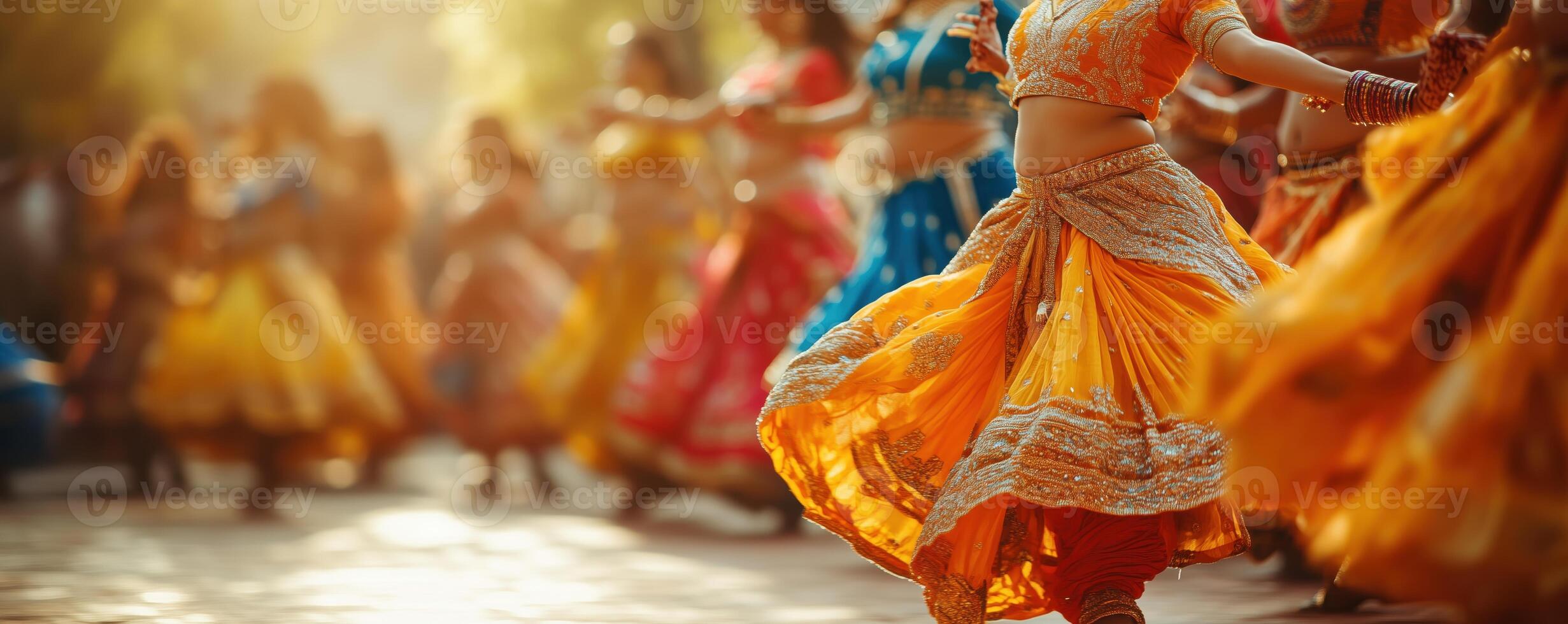 Colorful dancers in vibrant attire showcase traditional movements during a cultural festival, highlighting the joy and energy of dance in a lively outdoor setting. photo