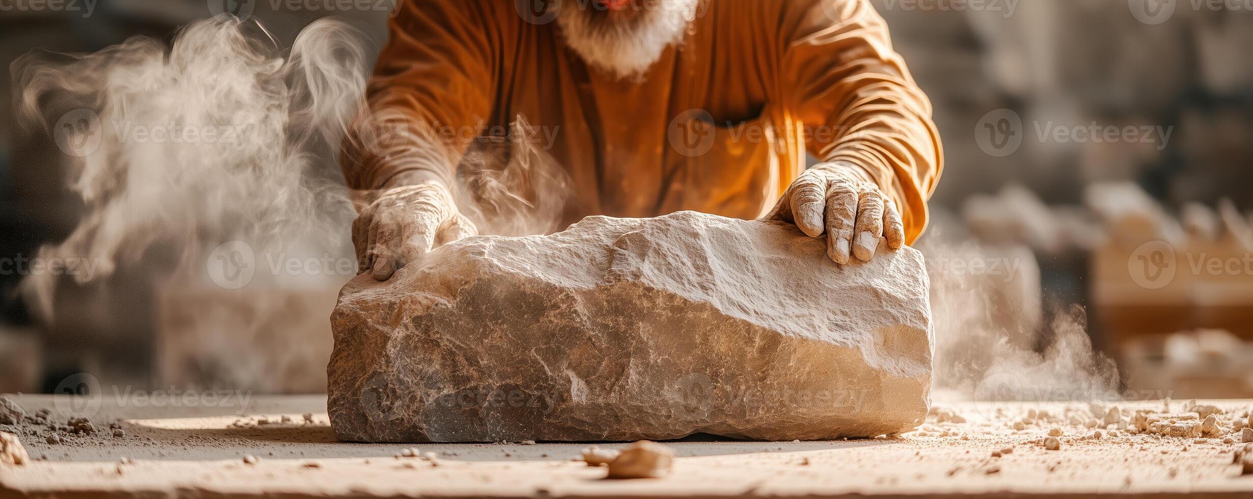 An artist skillfully chiseling a stone, surrounded by dust and particles. The scene captures the intricate work of stone carving, highlighting dedication and craftsmanship. photo
