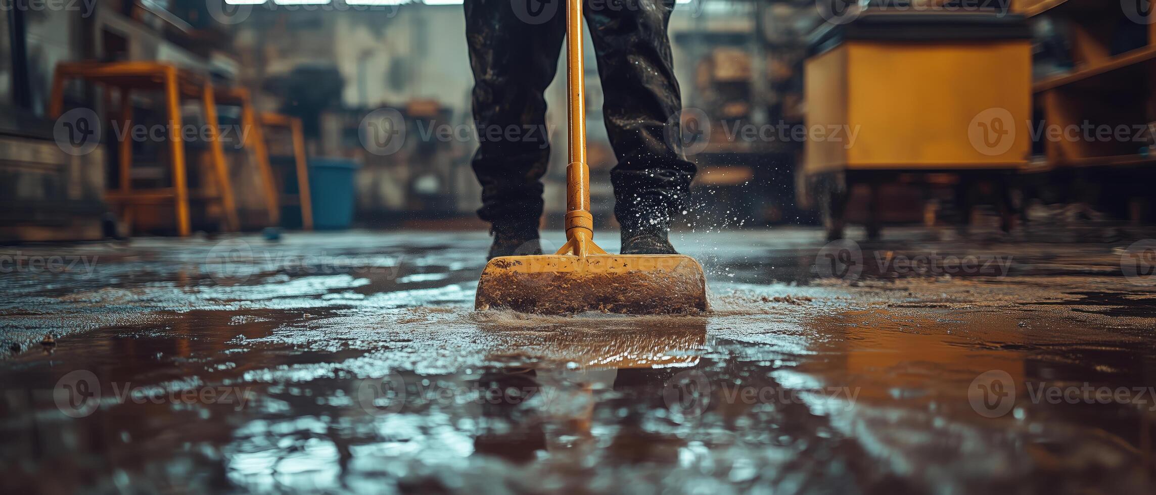 A worker using a broom to clean up water on a floor in a garage or workshop, showcasing dedication to maintaining a safe and tidy work environment. photo