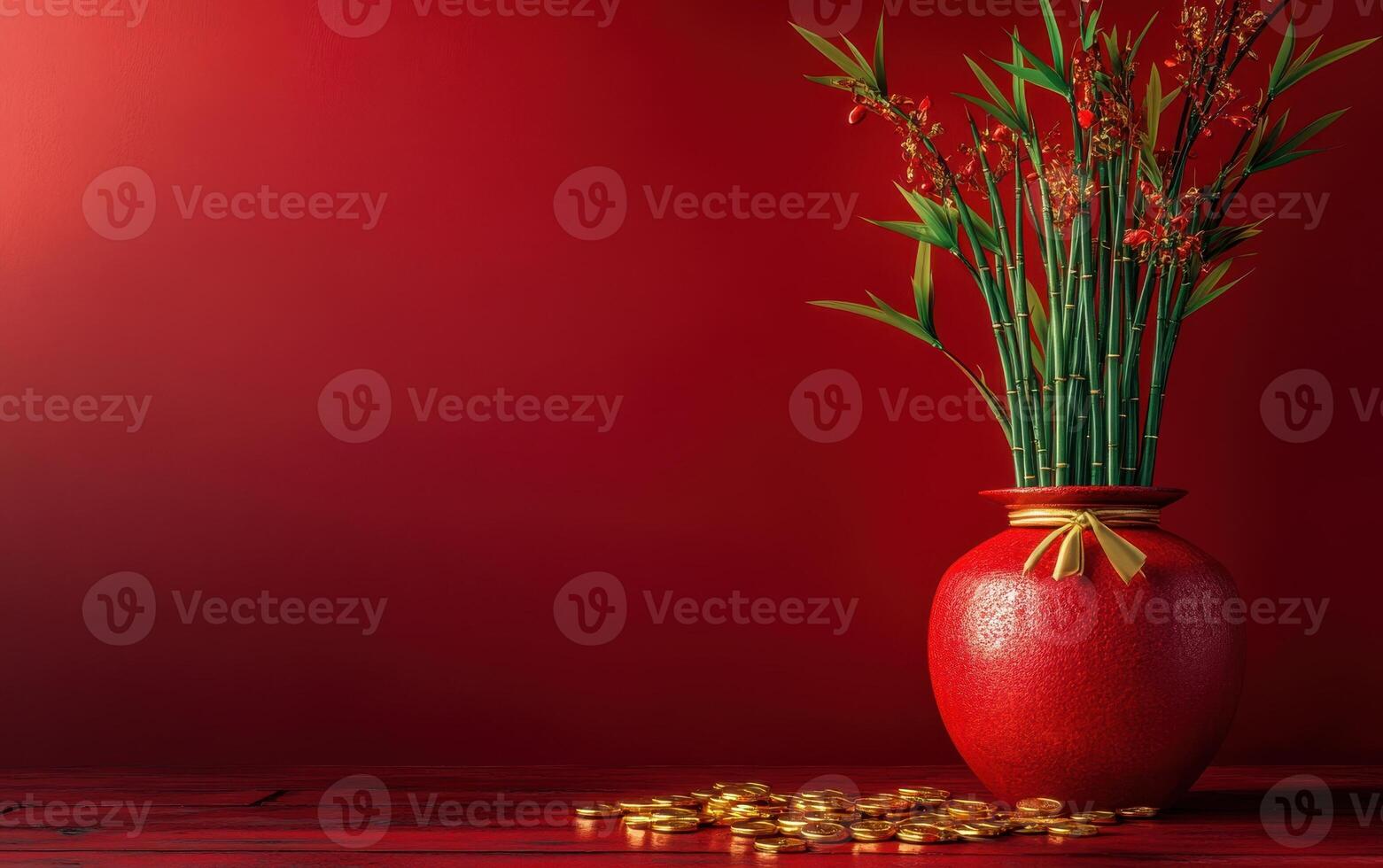 Lucky bamboo plant in a red pot, with gold coins tied to the stems, symbolizing good fortune and growth during the Chinese New Year celebrations. photo
