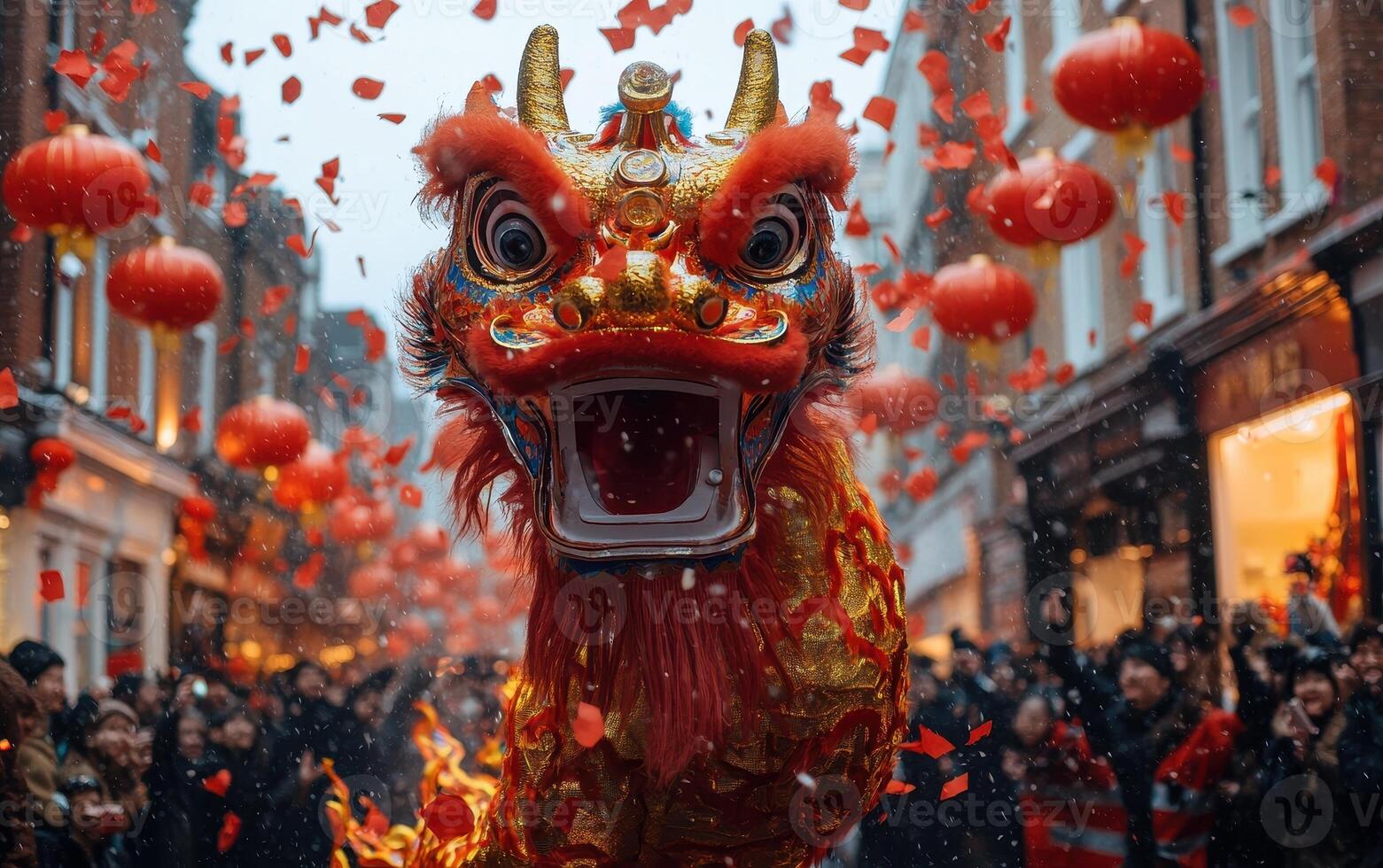 Dragon Dance performance on a busy street during Chinese New Year celebrations, with crowds watching in excitement photo