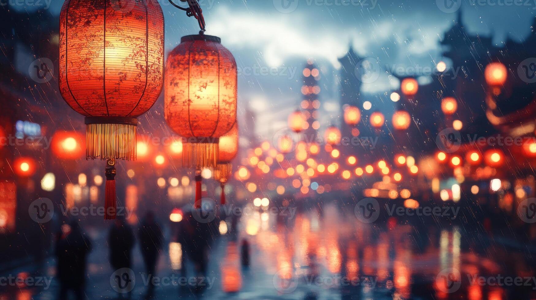 Brightly lit red lanterns hanging in rows along a busy street during the Chinese New Year festival, adding a festive glow to the cityscape at dusk. photo