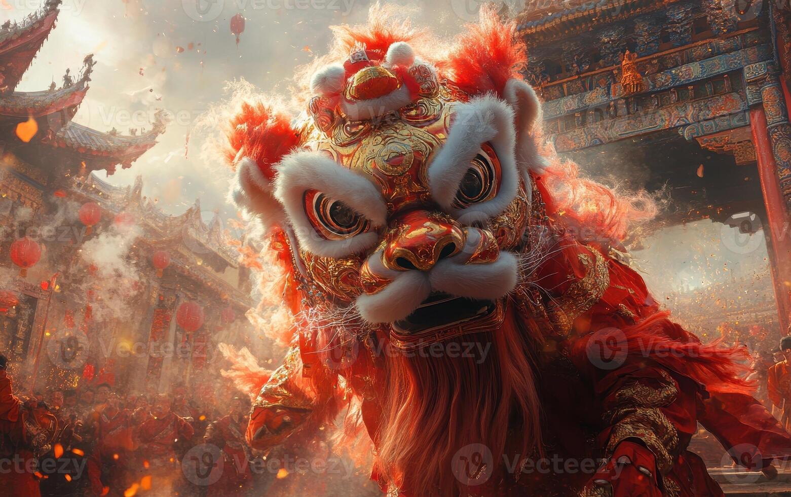 Energetic Lion Dance in front of a decorated temple, with the performers holding a vibrant red-and-gold lion costume photo