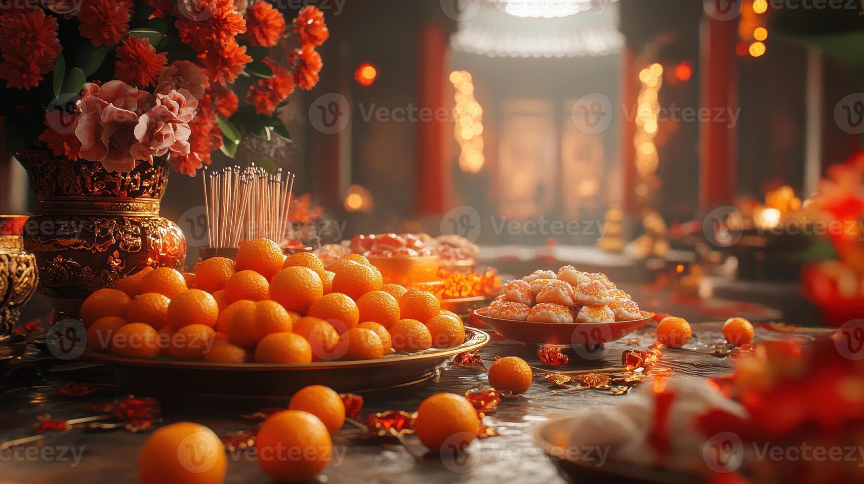 Offerings table filled with oranges, lotus seeds, incense, and traditional dishes like Jiaozi and Nian Gao, set up in a decorated room with red and gold ornaments for New Year cele photo