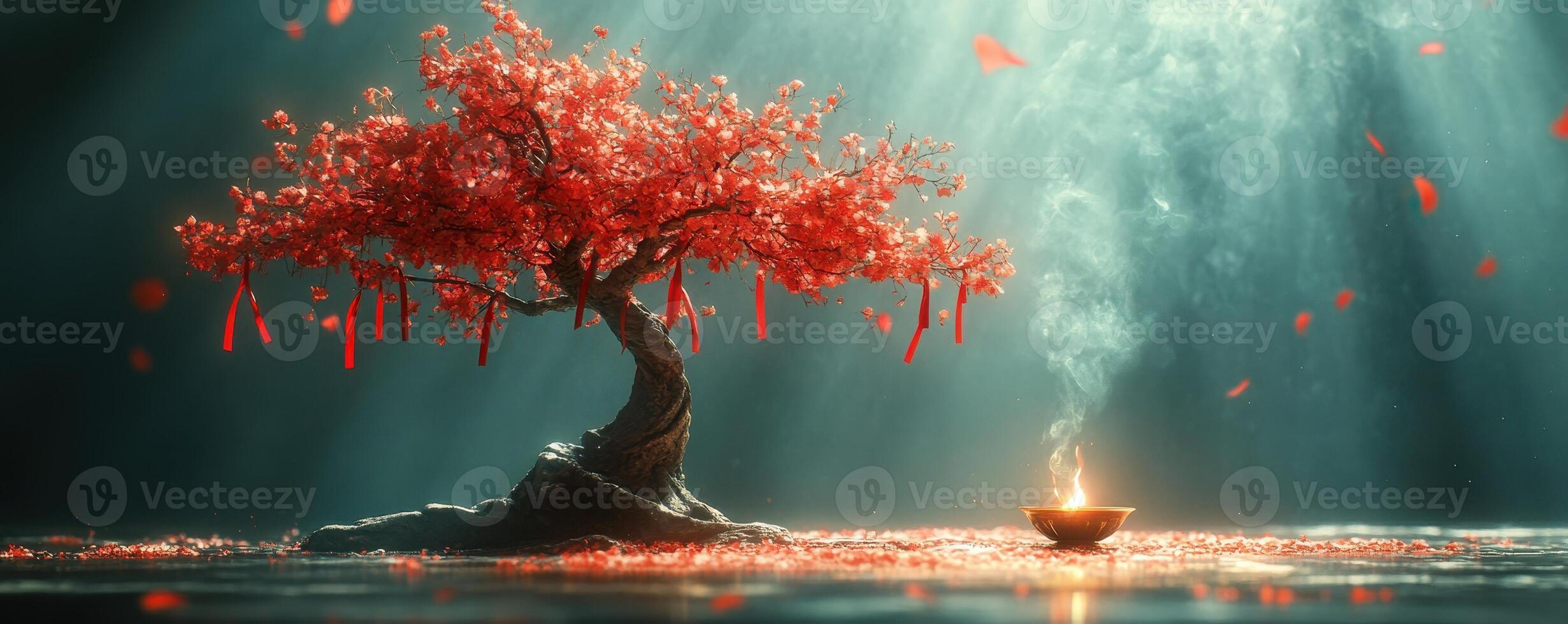 A Wishing Tree with red ribbons tied to branches, representing hopes for a prosperous New Year, with incense burning at its base. photo