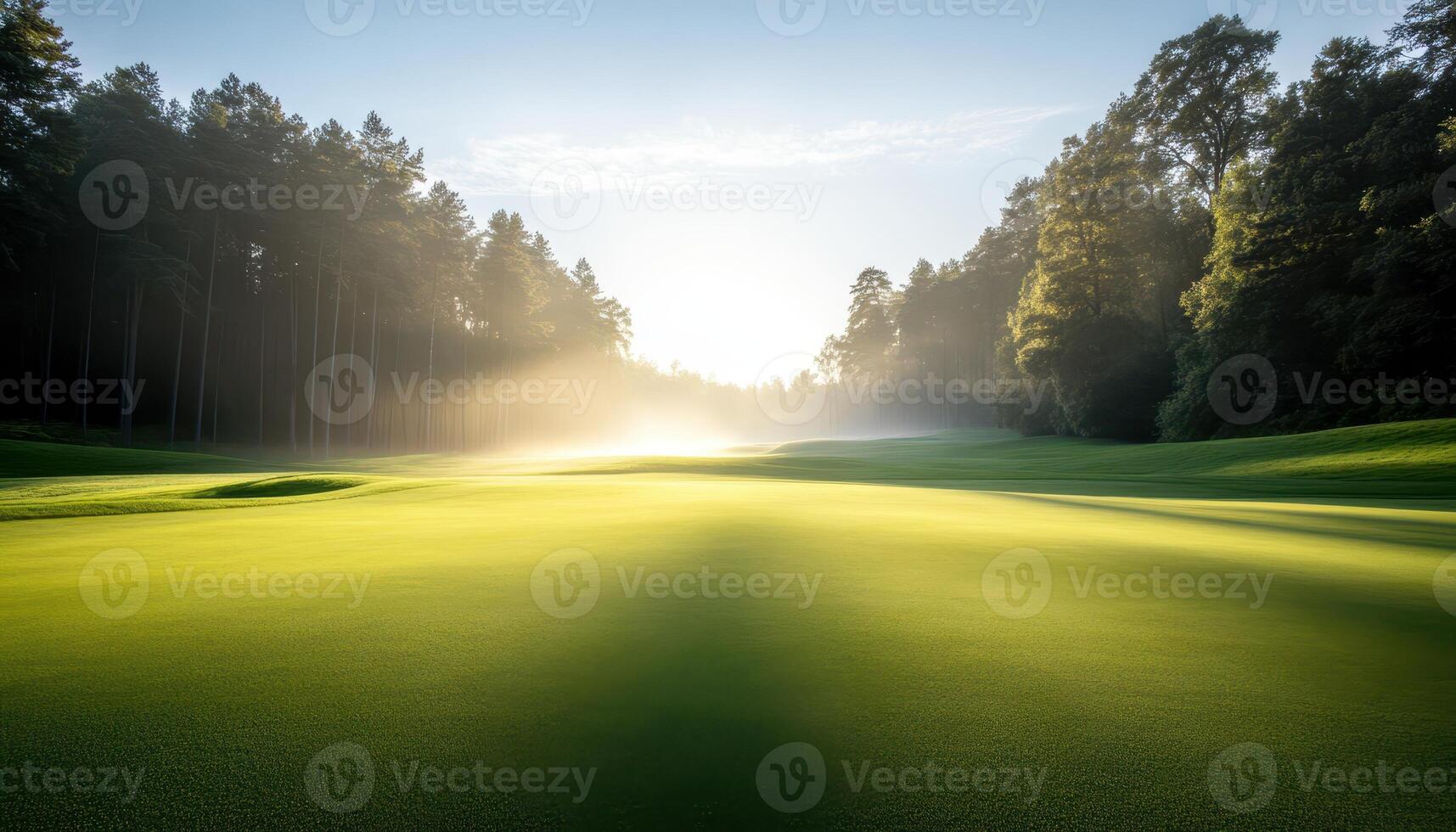 A serene golf course landscape at sunrise, showcasing lush green fairways under soft morning light and surrounded by tall trees, creating a peaceful atmosphere for golfing. photo