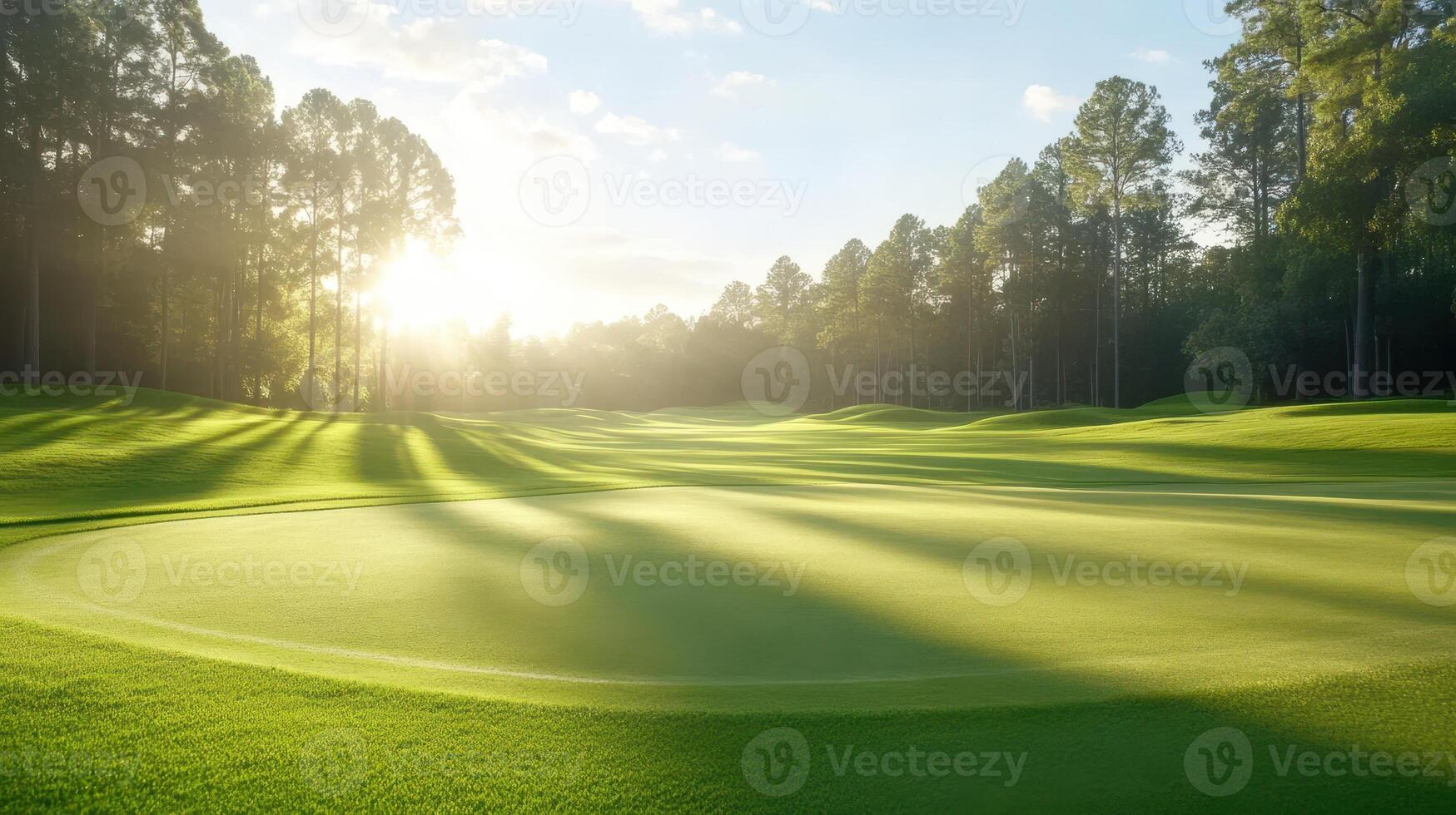 A serene golf course at sunrise, showcasing vibrant green grass and gentle undulations, creating a peaceful atmosphere for early morning play. photo