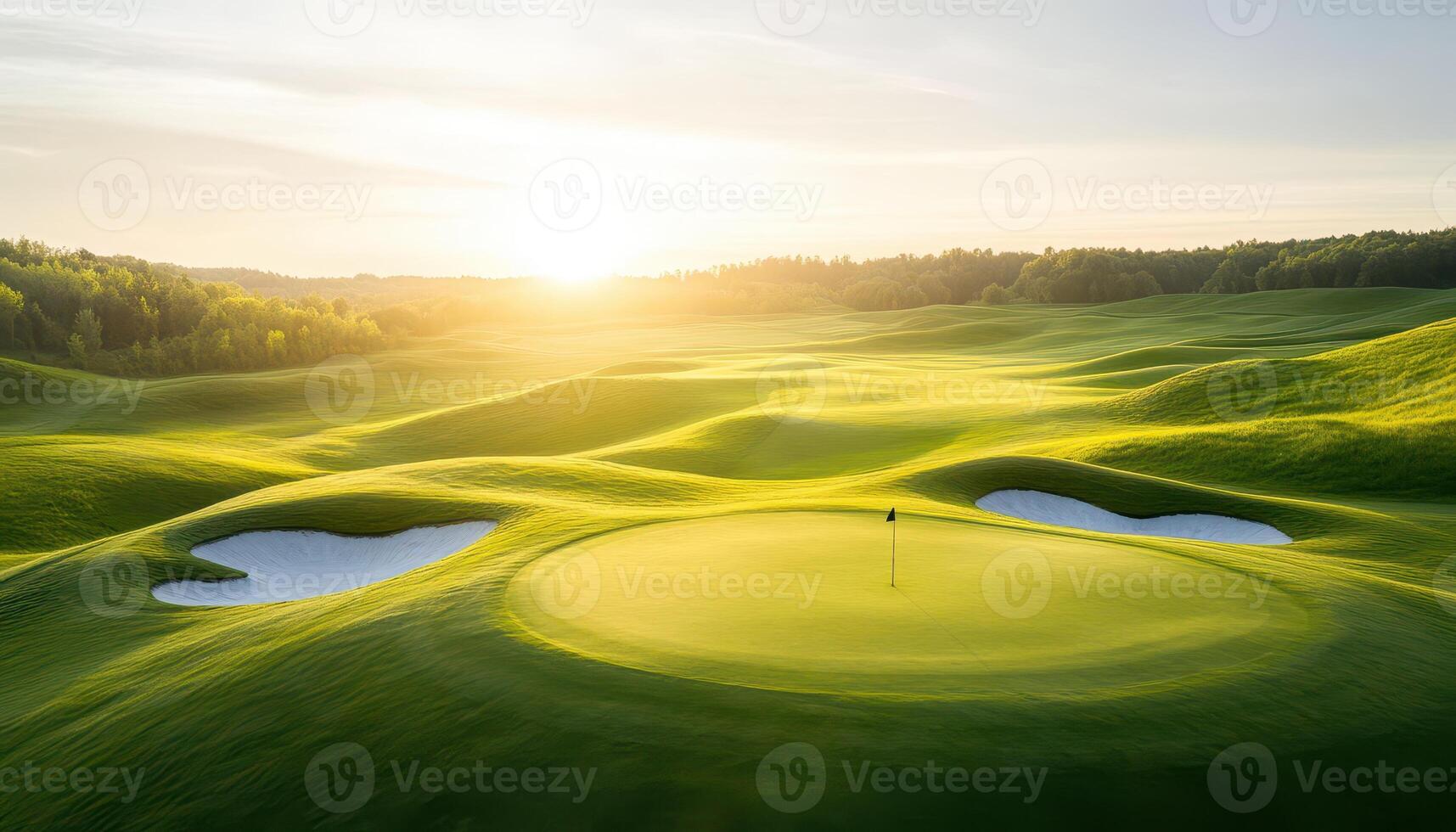 A picturesque golf course landscape at sunrise, featuring lush green hills, a serene putting green, and small water hazards surrounded by vibrant natural scenery. photo
