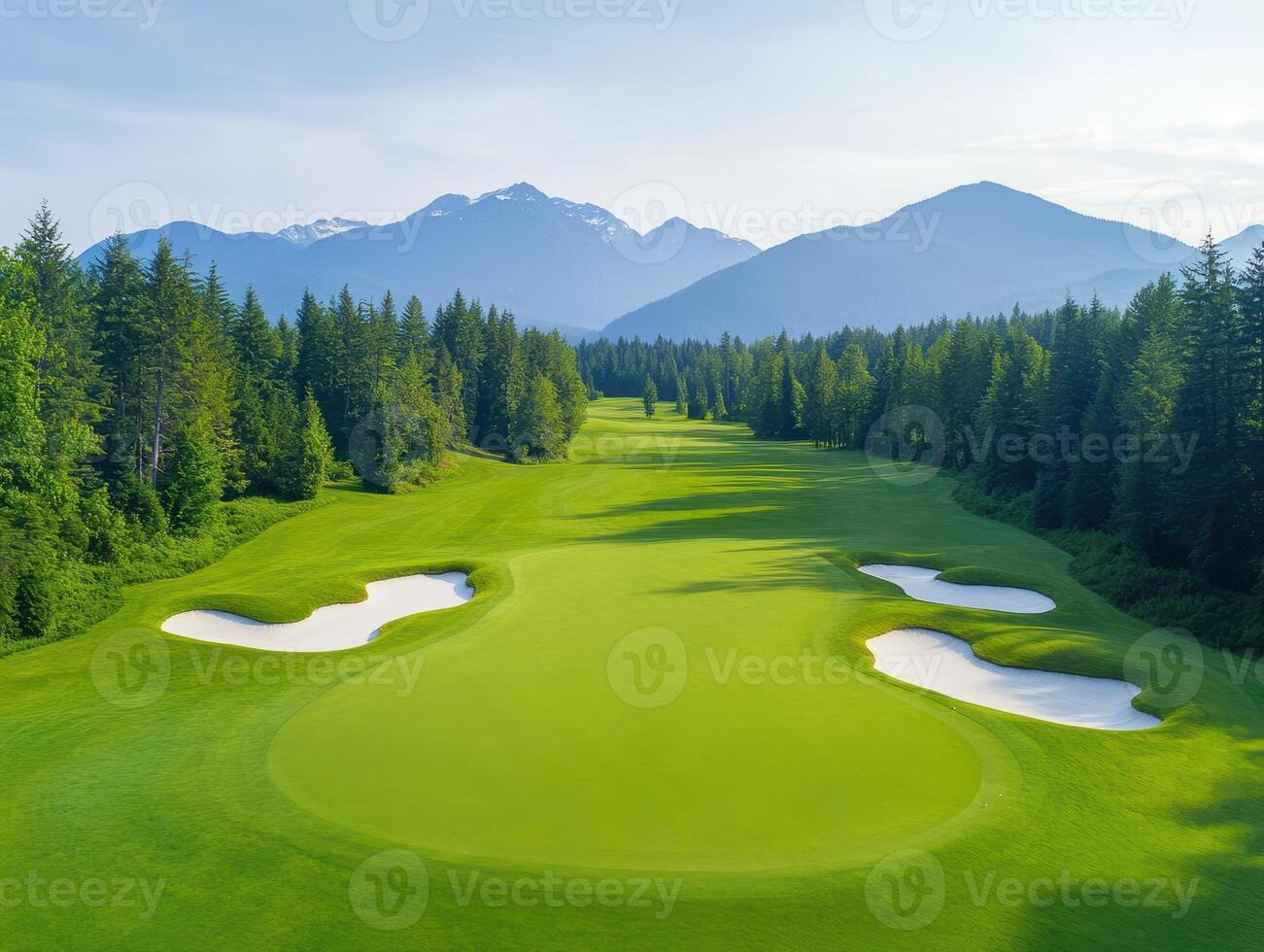 A stunning aerial view of a golf course lined with lush trees and serene ponds, framed by majestic mountains in the background under a clear blue sky. photo