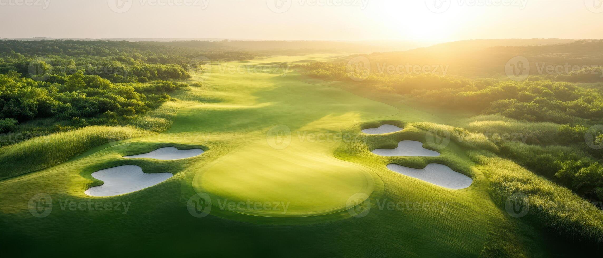 A stunning aerial view of a golf course during sunrise, showcasing lush green fairways, sand traps, and vibrant nature in the background. photo