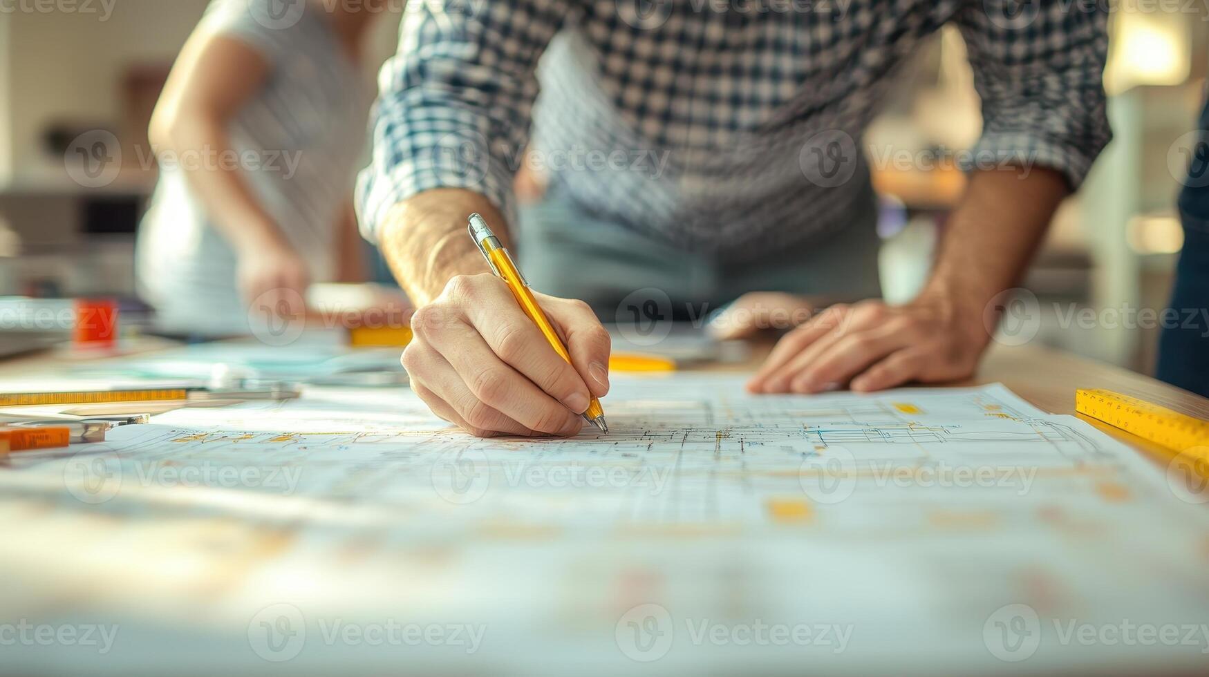 A close-up of a person's hand sketching on a blueprint at a desk filled with drafting tools and materials, emphasizing creativity and design in a collaborative workspace. photo