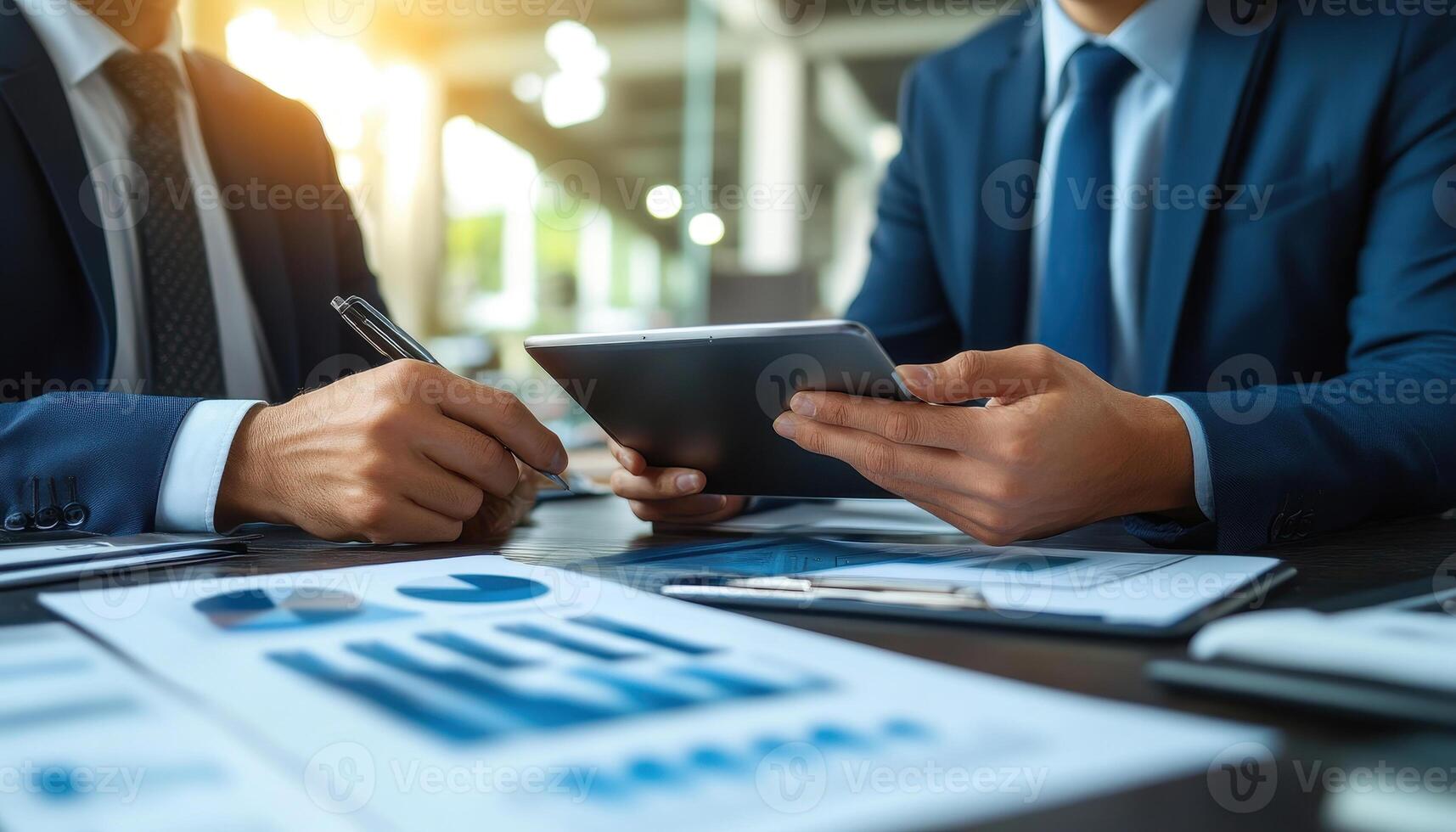Two professionals discussing reports and analytics during a business meeting in a modern office environment. Focus on tablet and papers with financial graphs and charts. photo