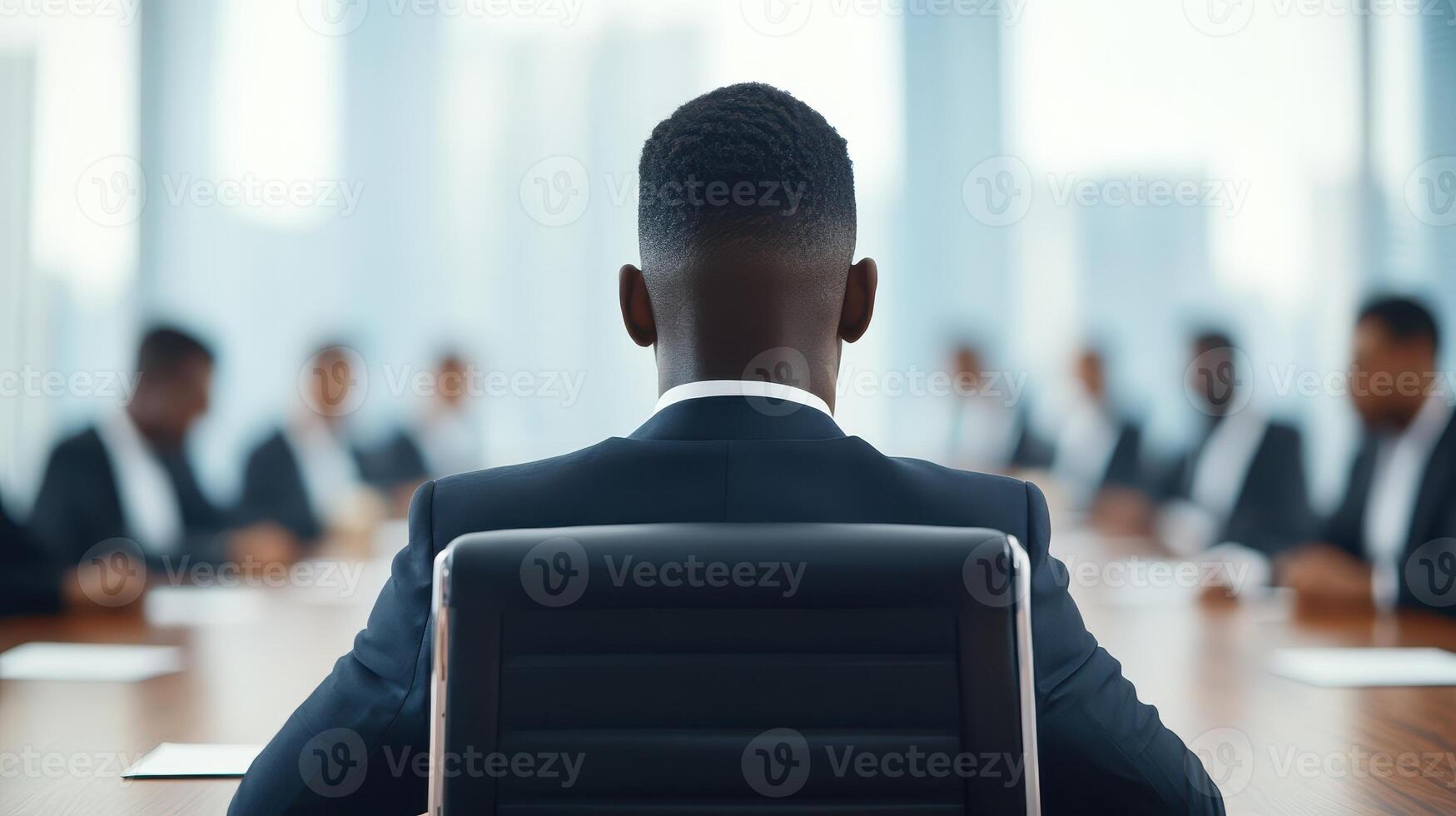 A professional silhouette of a person in a suit, seated at a corporate boardroom table, facing a group discussion in a modern business environment. photo