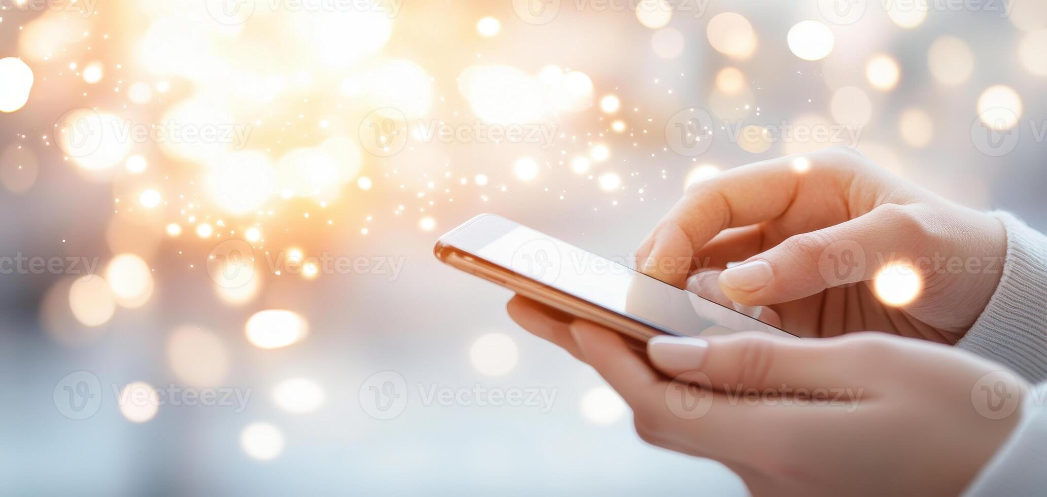 A close-up view of hands using a smartphone, showcasing interaction with a touch screen amidst a softly illuminated background. photo
