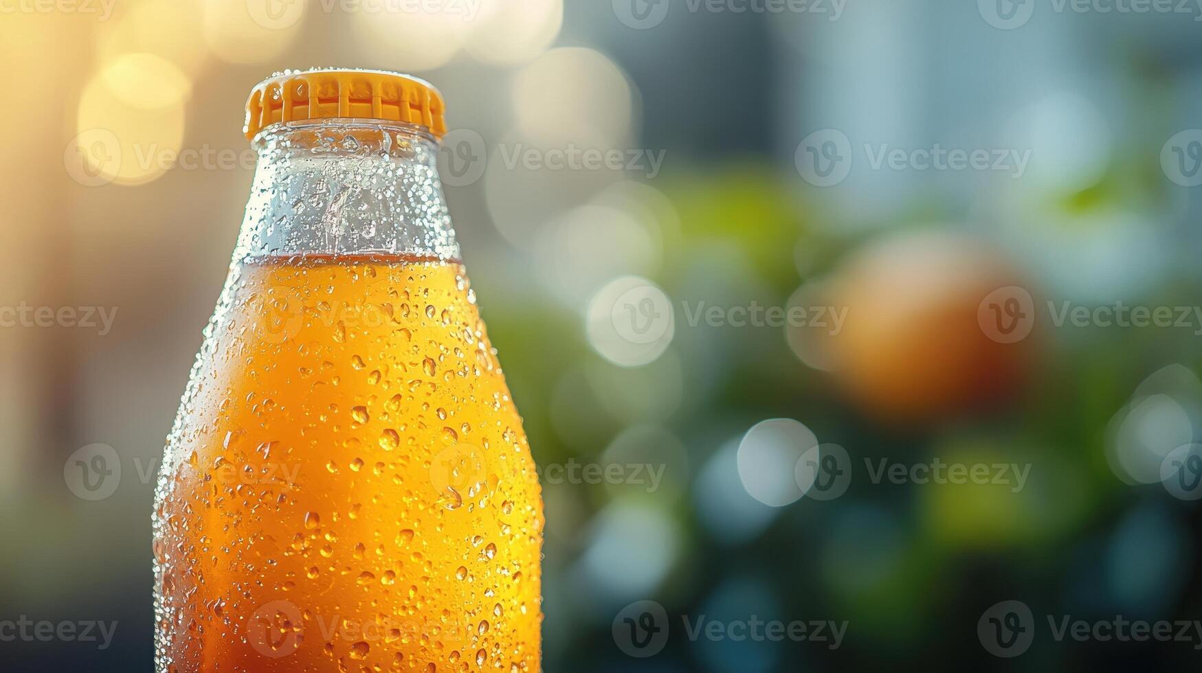 A close-up of a refreshing orange beverage in a glass bottle, glistening with droplets of water and surrounded by soft natural light, evoking a sense of summer and relaxation. photo