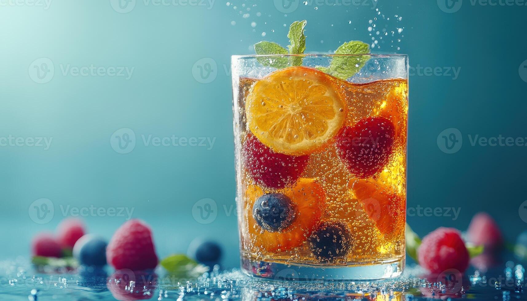 A refreshing beverage with fizzy bubbles, garnished with vibrant fruits like oranges, raspberries, and blueberries, set against a cool blue background. photo