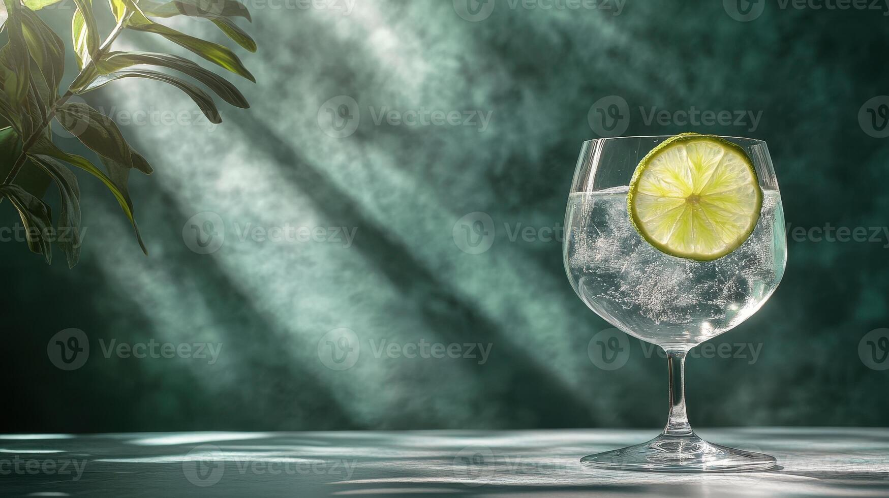 A refreshing drink with a slice of lime in a glass, set against a dramatic green background with soft light and subtle shadows, creating a vibrant and inviting atmosphere. photo