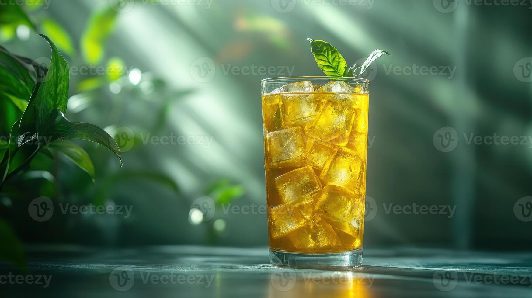 A refreshing glass of cold iced tea with ice cubes and a sprig of mint, set against a blurred green background that evokes a calm and soothing atmosphere. photo