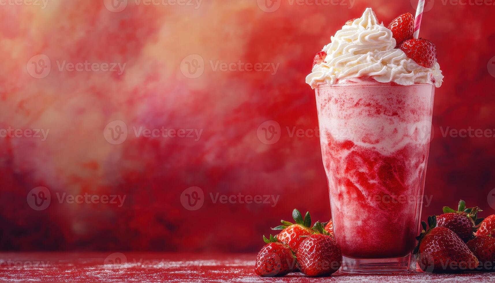 Delicious strawberry milkshake topped with whipped cream and fresh strawberries, set against a colorful abstract background. photo