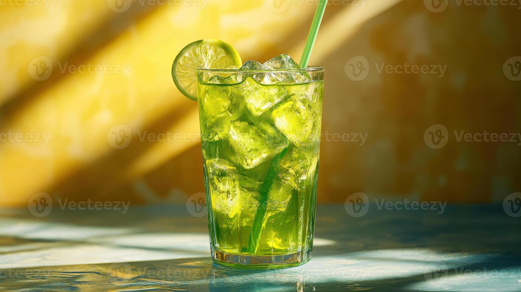 Refreshing green drink with ice cubes and a lime slice, set against a warm, blurred background. Perfect for summer vibes and cocktail enthusiasts. photo