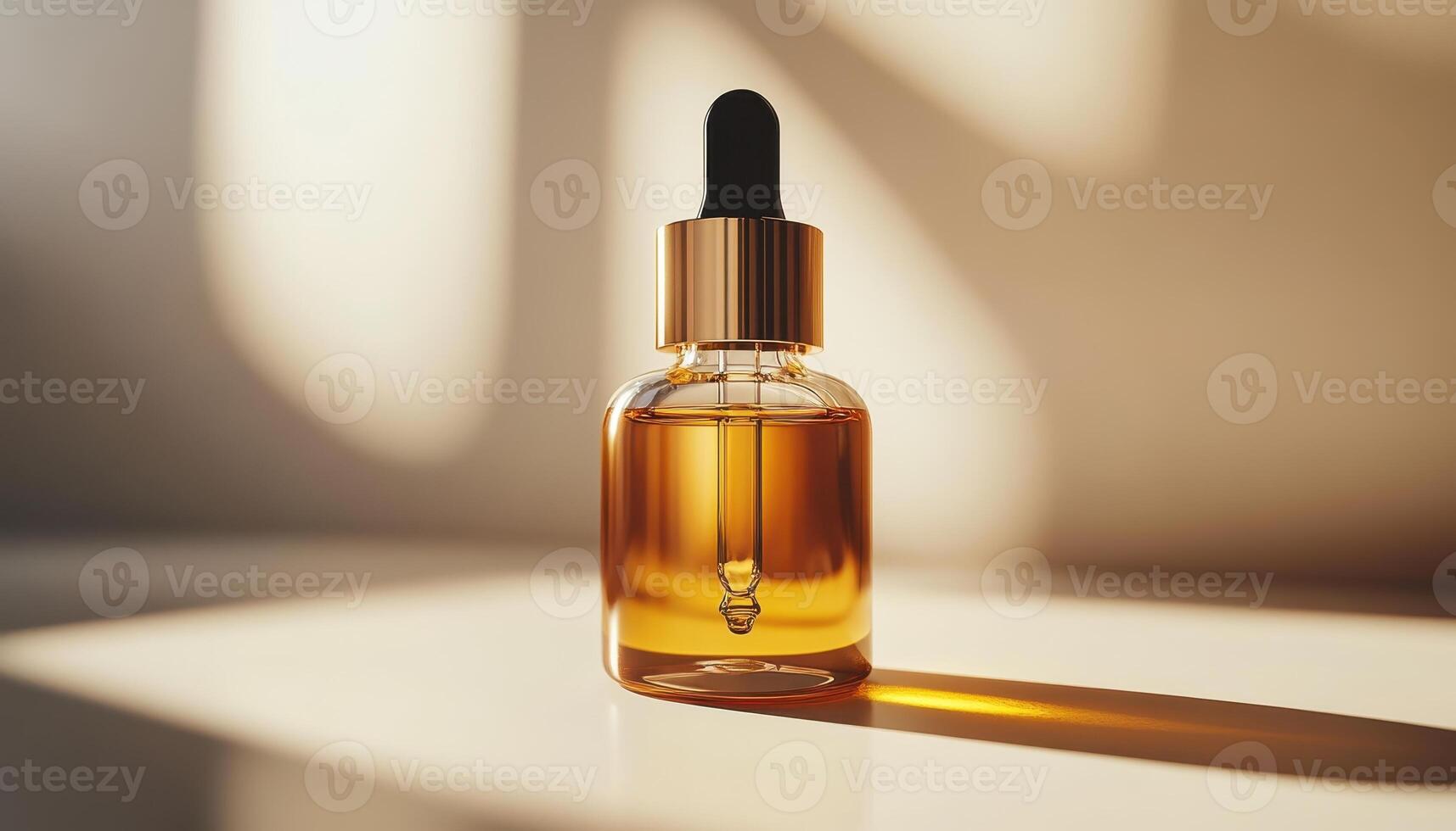 A luxurious amber dropper bottle sits elegantly on a surface, illuminated by soft natural light, highlighting the richness of the oil inside. photo